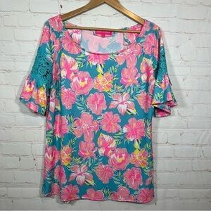 Simply Southern Shirt Womens Large Pink Blue Floral Lace Ladies Casual Blouse